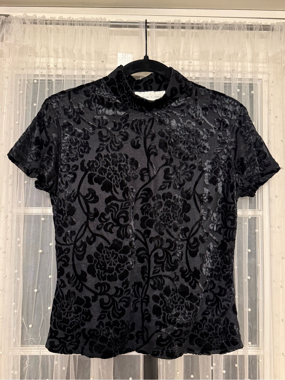 Casual Corner Black Velvet Burnout Floral Short Sleeve Tee